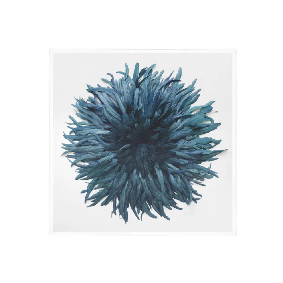 Blue feather wall art on white background.