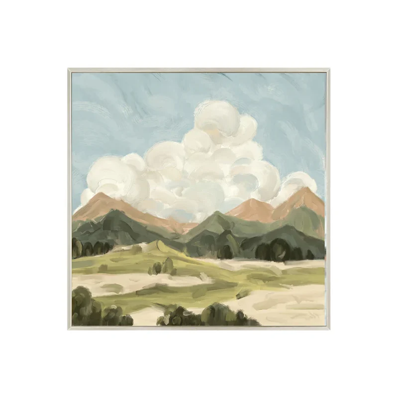 Mountain natural landscape painting on canvas with serene peaks and forest