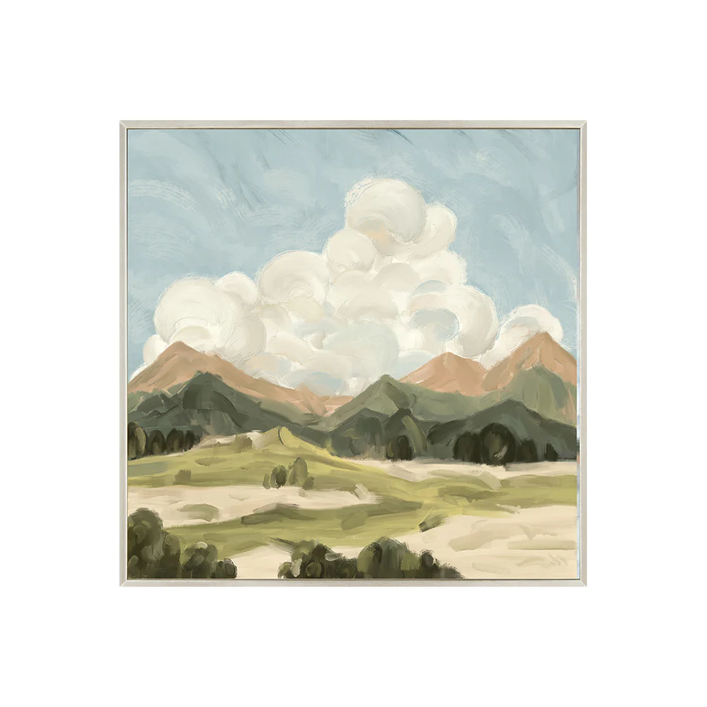 Mountain natural landscape painting on canvas with serene peaks and forest