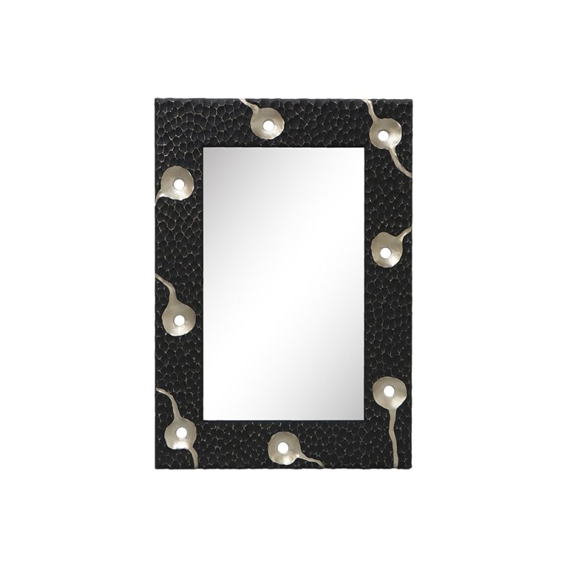 Carved framed mirror with a black textured frame and silver decorative accents.