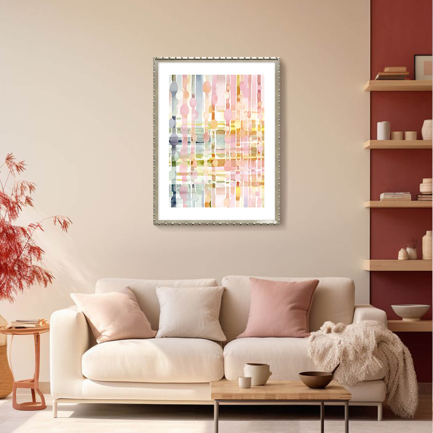 An abstract watercolor framed painting hangs on the wall of a cozy living room.