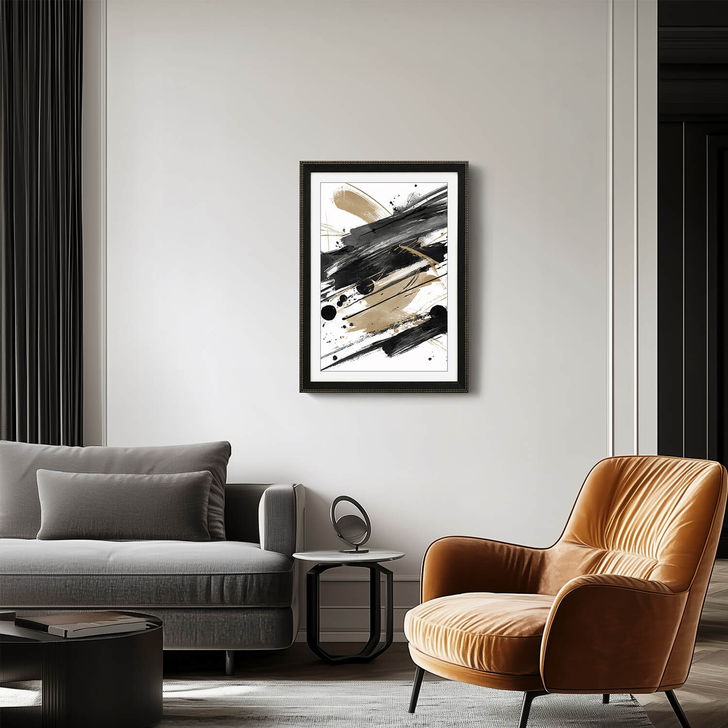 A black and gold abstract painting hangs on the wall of a modern living room.