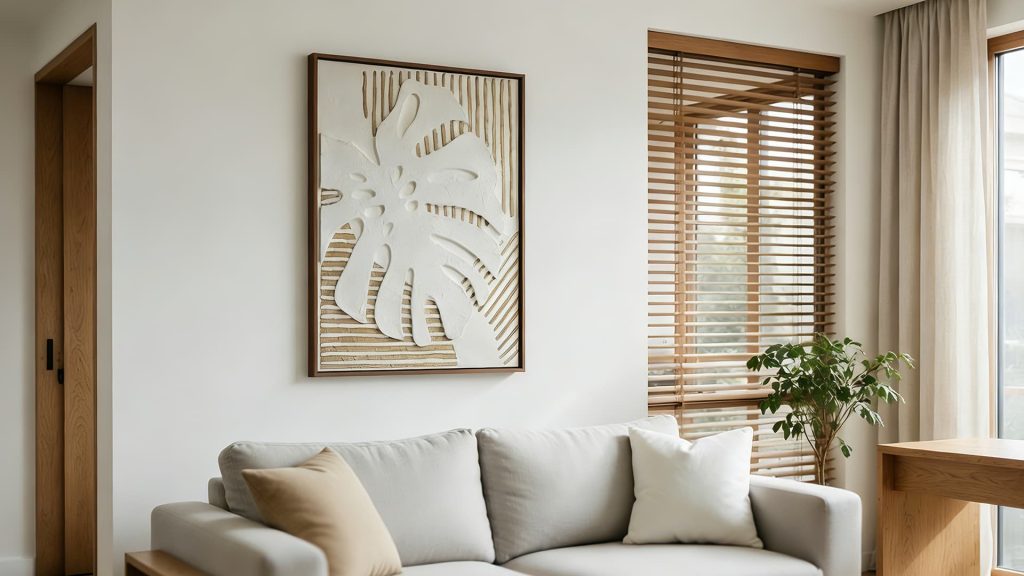 Nature-inspired 3D wall art acts as the living room focal point.