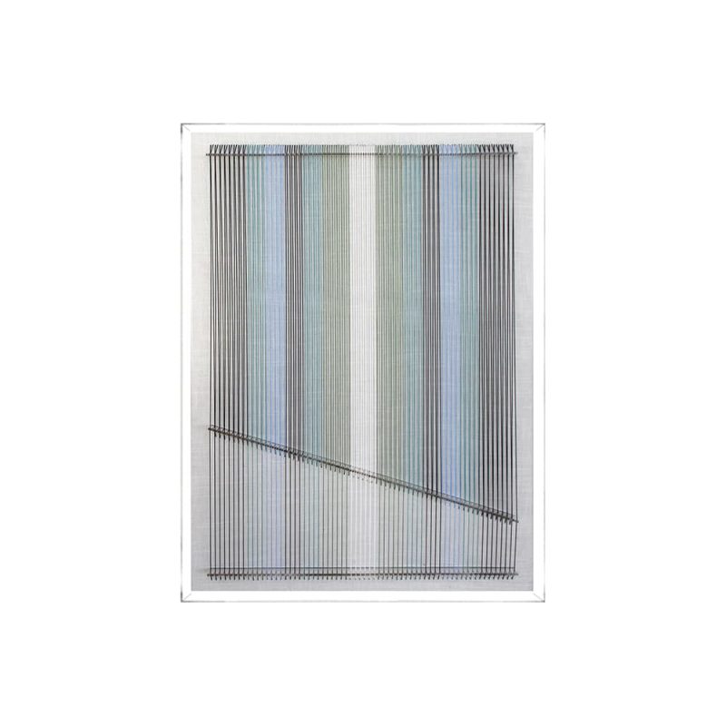 Abstract jade thread wall artwork with vertical lines and diagonal detail in acrylic box frame