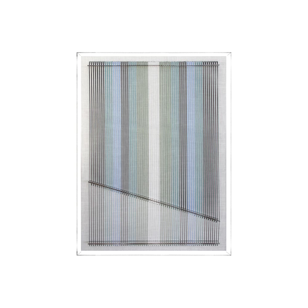 Abstract jade thread wall artwork with vertical lines and diagonal detail in acrylic box frame