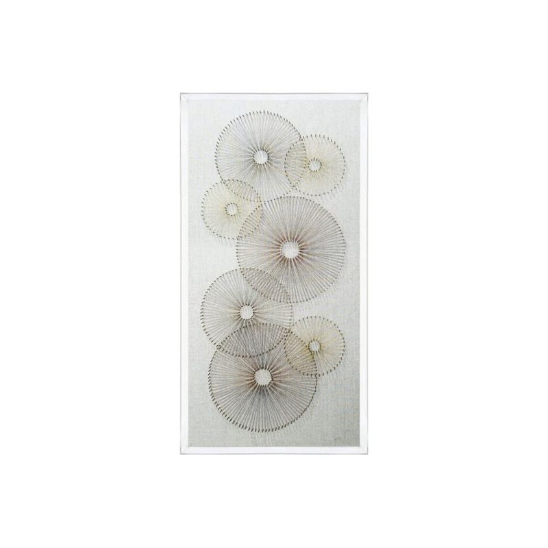 Handmade abstract wall art with circular thread patterns and nails in an acrylic box frame