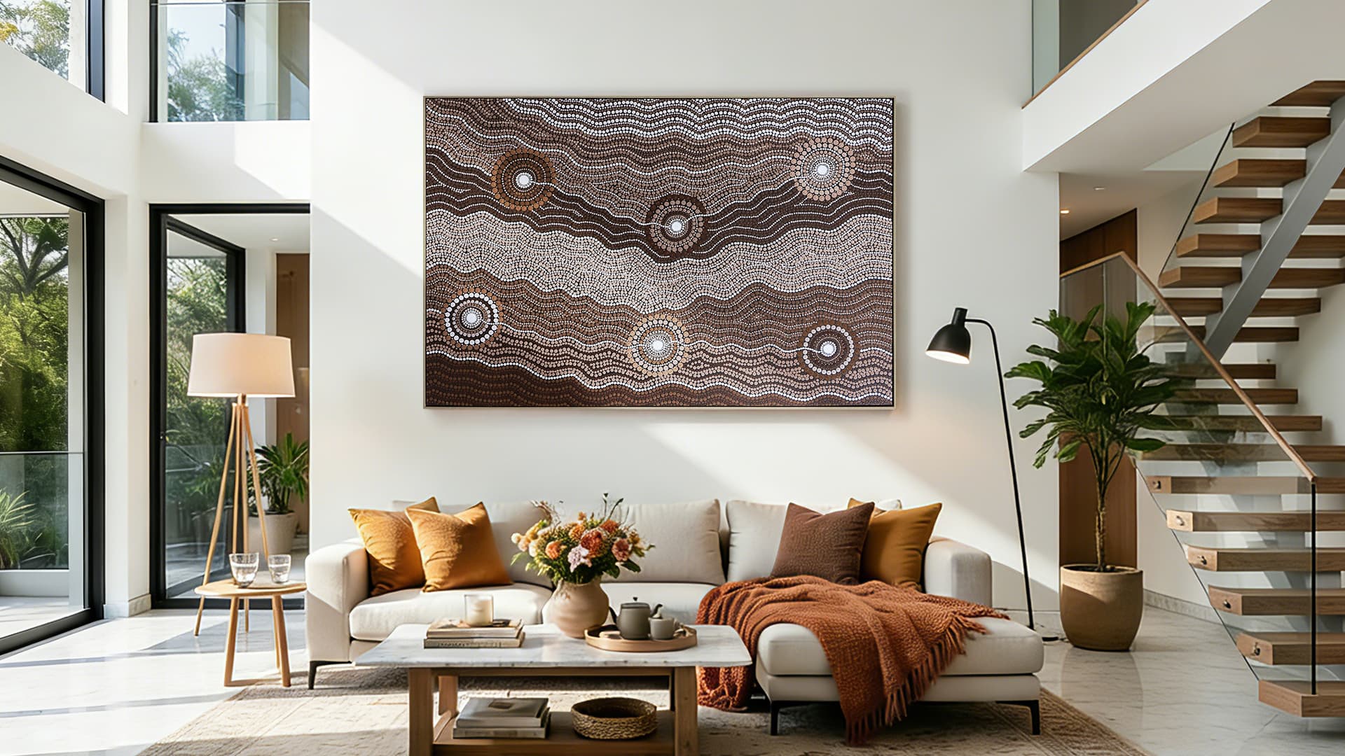 Large aboriginal dot wall art in bright modern living room.