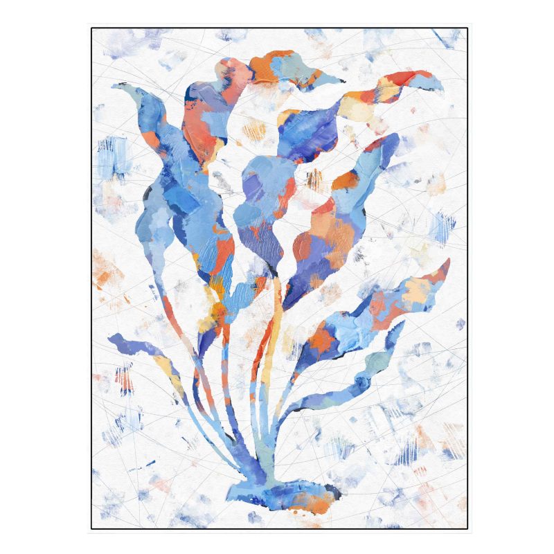 Abstract seaweed wall art in blue with coral and gold accents, giclée print on polyester canvas in a white frame.
