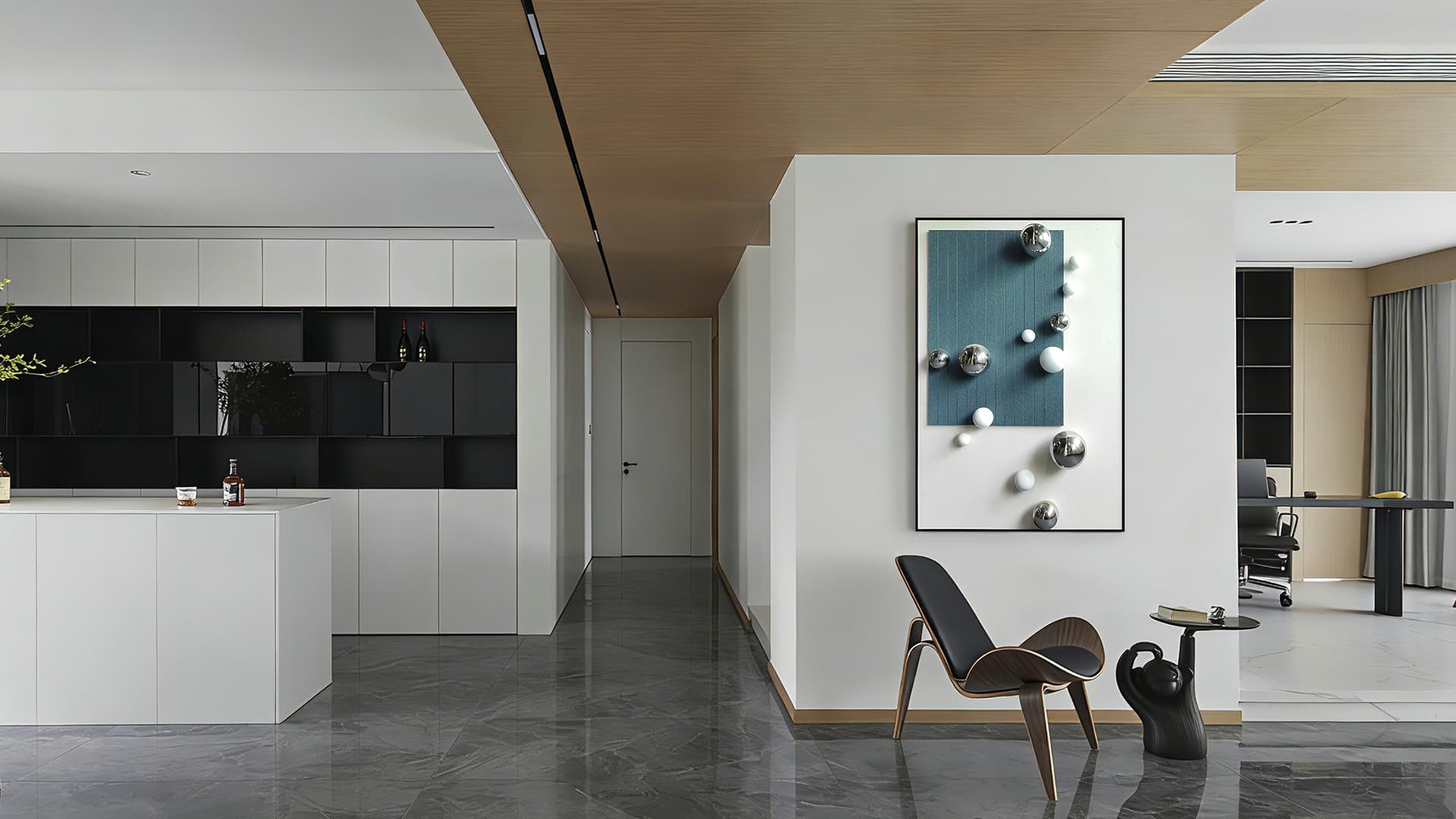 Metallic and white spherical mixed media wall decor for high end spaces.